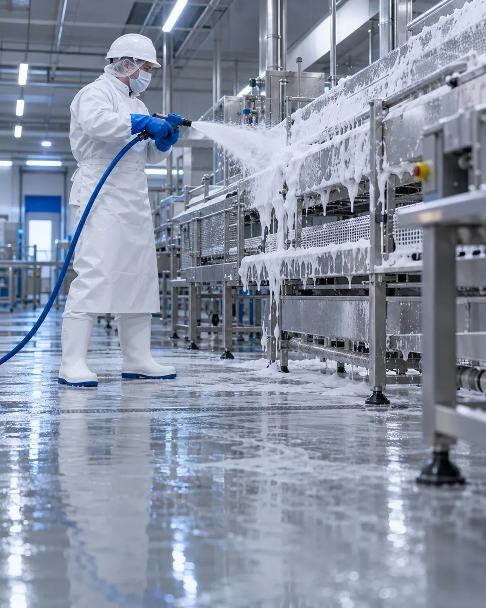 Agent en tenue d'hygiène projetant de la mousse sur une ligne de production dans une usine moderne