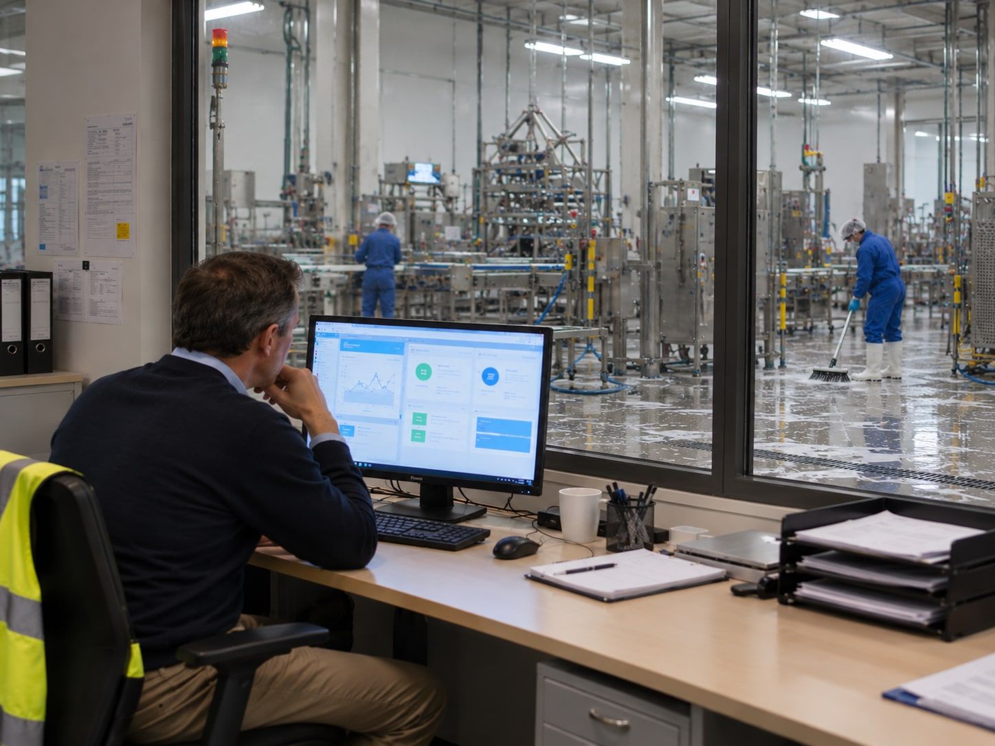 Responsable des opérations suivant le nettoyage de l'usine sur un écran, depuis un bureau vitré