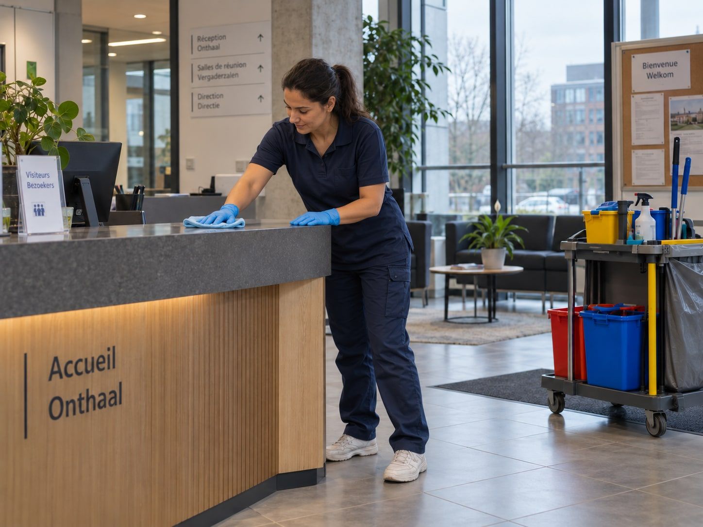 Agente d'entretien nettoyant le comptoir d'accueil d'un bureau moderne