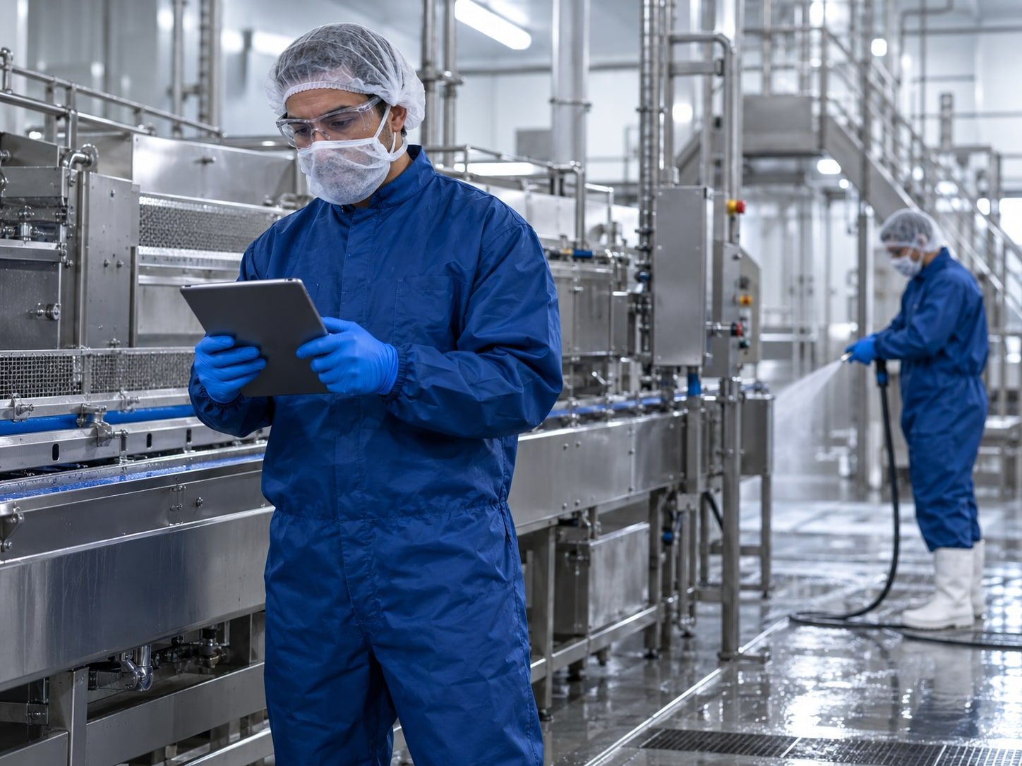 Responsable en tenue d'hygiène vérifiant une checklist sur tablette près d'une ligne de production
