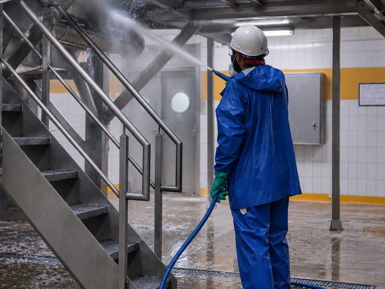 Agent nettoyant une installation industrielle au jet haute pression